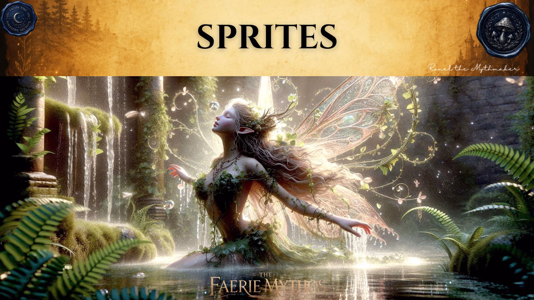 "A digital illustration of an ethereal sprite with intricate, glowing wings, kneeling in a sunlit, mossy grotto beside a cascading waterfall. Above the scene, a parchment-colored banner displays the title 'SPRITES' in black text, flanked by circular wax-seal-style logos for 'From the Folklore Archive' and 'Ronel the Mythmaker'. Below the sprite, the text 'The Faerie Mythos' is displayed."