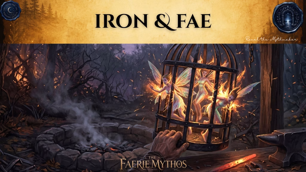 A banner titled "IRON & FAE" in elegant, dark-styled typography set against an antique, gold-textured background. The image shows a first-person perspective of a hand holding a wrought-iron cage containing three small, winged faeries who appear to be reacting with distress. The scene is set in a dark, outdoor environment near a stone fire pit, with an anvil visible in the foreground, aligning with the "dark folkloric" branding. The bottom center features the logo "THE FAERIE MYTHOS," with the signature "Ronel the Mythmaker" in the upper right. Circular wax-seal-style "Folklore Archive" icons are positioned in the top corners.