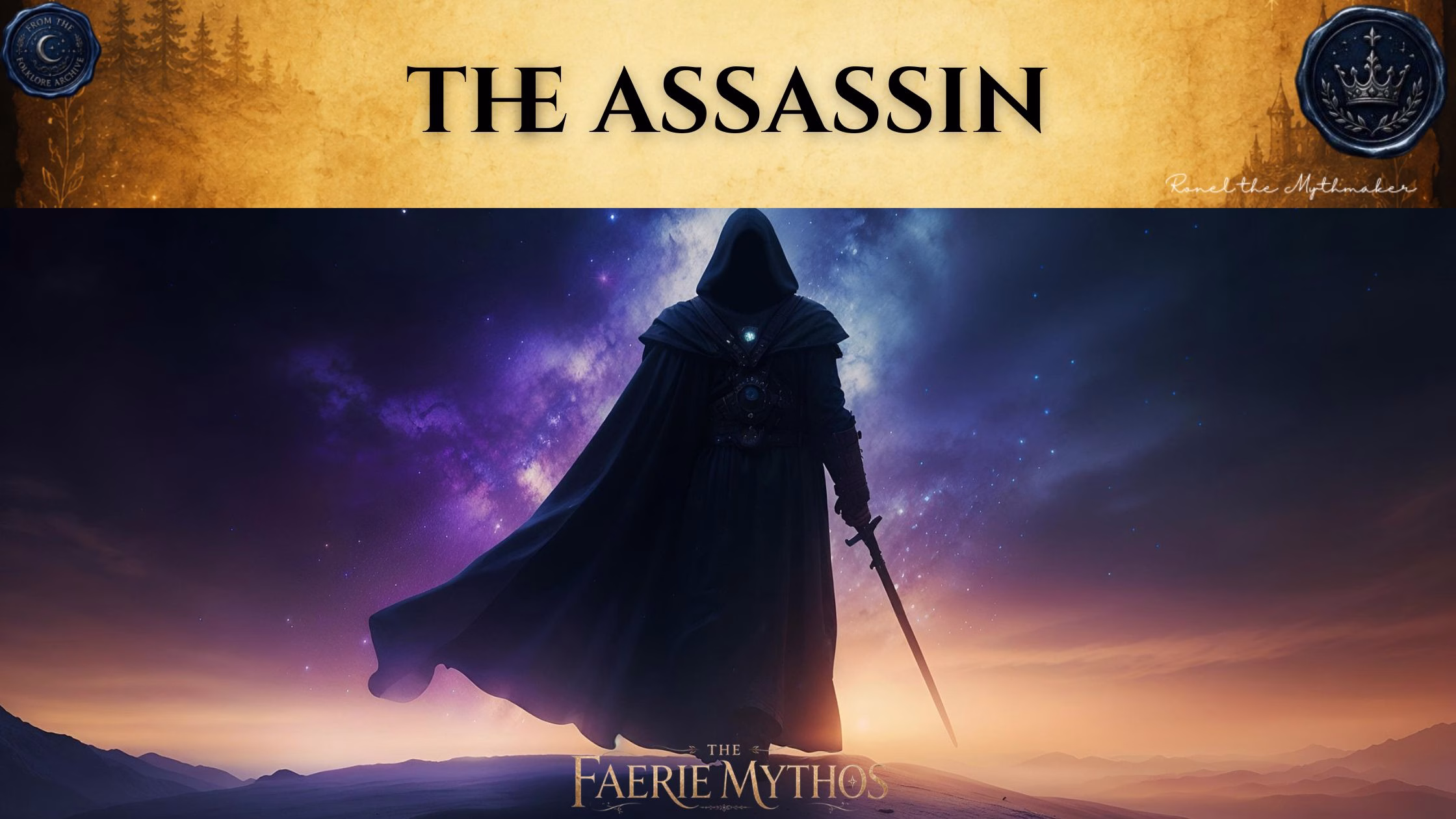 An atmospheric, gothic-style blog banner featuring a central silhouette of "The Assassin," a hooded, cloaked figure holding a sword, standing on a barren landscape under a dramatic night sky filled with a vibrant purple and blue nebula. The title "THE ASSASSIN" is displayed at the top in black serif font against a textured, parchment-colored background. At the bottom center, the text "THE FAERIE MYTHOS" appears in gold, in the bottom right is a signature that reads "Ronel the Mythmaker," and two circular emblems with a crescent moon and a crown design are placed in the upper corners.