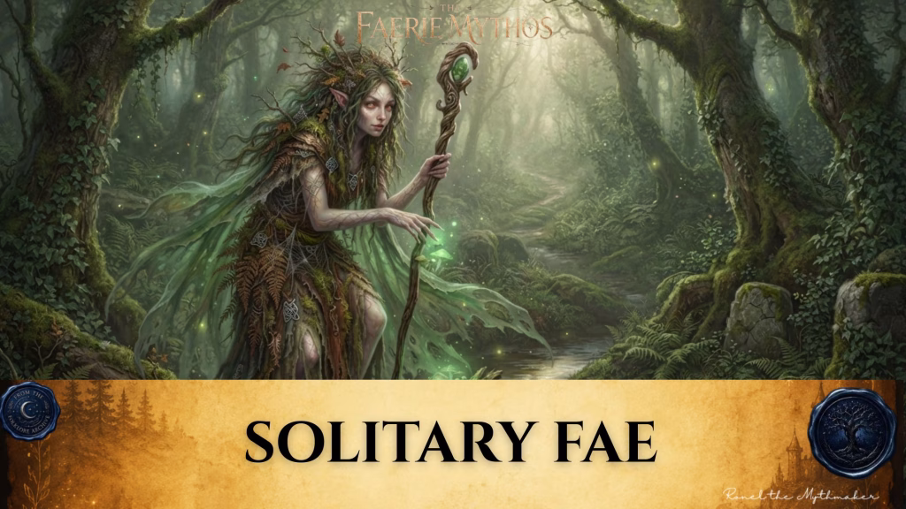 "A digital illustration for 'The Faerie Mythos' featuring a mystical fae figure with pointed ears, draped in clothing made of moss, ferns, and spiderwebs. She holds a staff topped with a glowing green gem in an enchanted, lush forest beside a small stream. The bottom of the image features a tan parchment-style banner with the text 'SOLITARY FAE' in black, flanked by circular seals."
