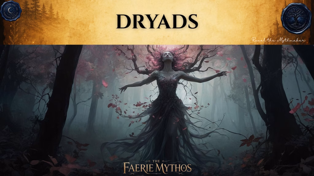 "A digital illustration for 'The Faerie Mythos' featuring a graceful dryad with branches extending from her head like antlers, wearing a dark, flowing dress in a misty forest filled with falling autumn leaves. The top of the image features a tan parchment-style banner with the text 'DRYADS' in black, flanked by circular seals."