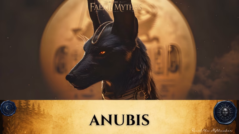 A character card from "The Faerie Mythos" series titled "ANUBIS" by Ronel the Mythmaker. The image features a profile portrait of the Egyptian deity Anubis, depicted as a black jackal with piercing, glowing orange eyes, set against a circular golden background. The bottom section contains a parchment-textured bar with wax seals from "From The Folklore Archive" on the sides, and the text is displayed in black.