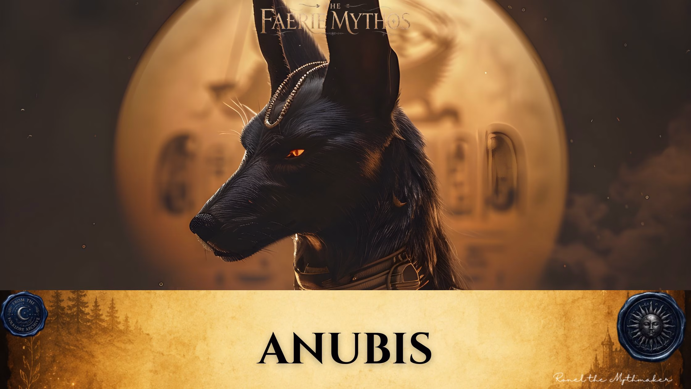 A character card from "The Faerie Mythos" series titled "ANUBIS" by Ronel the Mythmaker. The image features a profile portrait of the Egyptian deity Anubis, depicted as a black jackal with piercing, glowing orange eyes, set against a circular golden background. The bottom section contains a parchment-textured bar with wax seals from "From The Folklore Archive" on the sides, and the text is displayed in black.