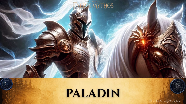 Digital banner for "The Faerie Mythos." The upper section depicts a knight in gleaming, heavily sculpted silver and bronze plate armor standing next to a majestic white horse. The knight wears a full-face helmet with sharp, stylized lines, and a flowing white cape billows out behind them. The horse is also armored, featuring an intricate, glowing gold and orange crest on its headstall. The background is filled with an ethereal, smoky blue magical energy. Across the bottom, a wide, textured gold parchment banner displays the word "PALADIN" in bold black serif lettering. The banner is anchored by two dark blue wax seals: one on the left reading "From the Folklore Archive" and one on the right featuring a shield emblem. The lower right corner includes the signature "Ronel the Mythmaker" in a white script font.