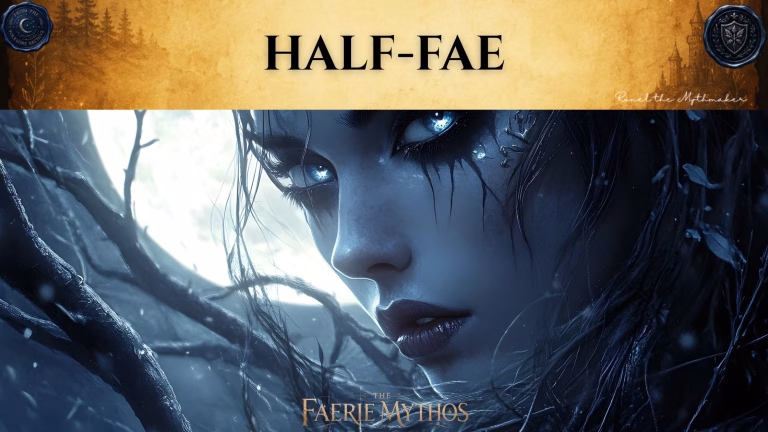 A dark fantasy digital banner with a top-heavy title layout. The upper section consists of a wide, textured gold parchment banner displaying the words "HALF-FAE" in a bold black serif font. The banner is flanked by two dark blue wax seals: the left one reads "From the Folklore Archive" and the right features a shield crest. The lower right corner of the gold section is signed "Ronel the Mythmaker" in white script. Below the banner, the image shows a dramatic, close-up portrait of a woman's face immersed in dark, cool blue shadows. She has strikingly bright, luminous blue eyes, dark hair tangled with thin, bare winter branches, and dark, streaked makeup or markings trailing down her cheeks beneath her eyes. A pale, hazy light shines from behind the branches on the left. "The Faerie Mythos" logo is centered at the very bottom of the image.