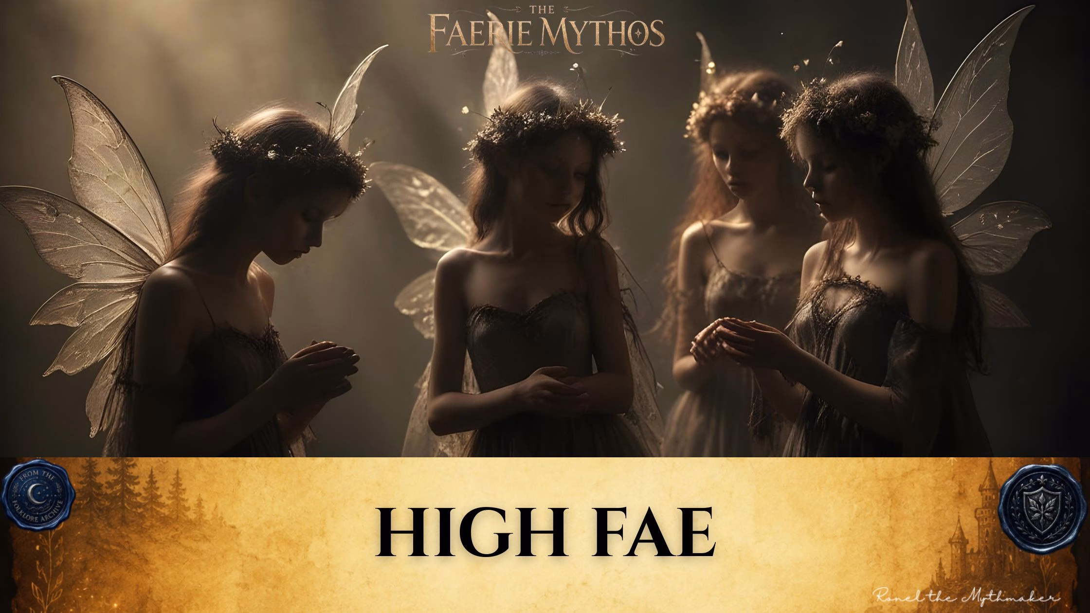 Digital banner for "The Faerie Mythos." The upper section depicts a somber, ethereal gathering of four young female faeries with translucent, insect-like wings. They are dressed in delicate, tattered gowns and wear woven crowns of twigs or dried flora on their heads. Bathed in a soft, misty golden backlighting that leaves their faces in gentle shadow, the figures stand with downcast eyes and hands loosely clasped in front of them in a contemplative or solemn pose. Across the bottom, a wide, textured gold parchment banner displays the words "HIGH FAE" in bold black serif lettering. The banner is anchored by two dark blue wax seals: one on the left reading "From the Folklore Archive" and one on the right featuring a shield emblem. The lower right corner includes the signature "Ronel the Mythmaker" in a white script font.
