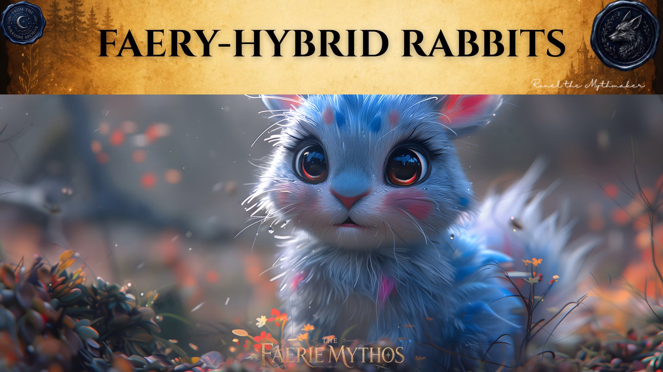 A character card from "The Faerie Mythos" titled "FAERY-HYBRID RABBITS". The image features a close-up of a whimsical, fluffy blue rabbit with large, expressive eyes sitting in a soft, magical landscape with colorful flowers and shimmering particles. At the top, there is a branding banner with an antique paper texture featuring the text "FAERY-HYBRID RABBITS" in large black letters, flanked by two circular wax-seal style emblems. In the top right corner of the banner is the signature "Ronel the Mythmaker".