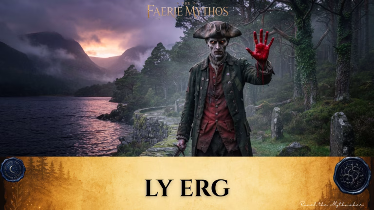 A dark fantasy illustration titled "The Faerie Mythos: Ly Erg." The upper portion displays a parchment-colored banner with the bold, centered text "LY ERG," flanked by two circular, embossed-style seals. Below this, a spectral, undead-looking figure in an 18th-century tricorn hat and tattered coat stands along a stone wall by a misty lake at sunset, holding up a hand stained with fresh blood.