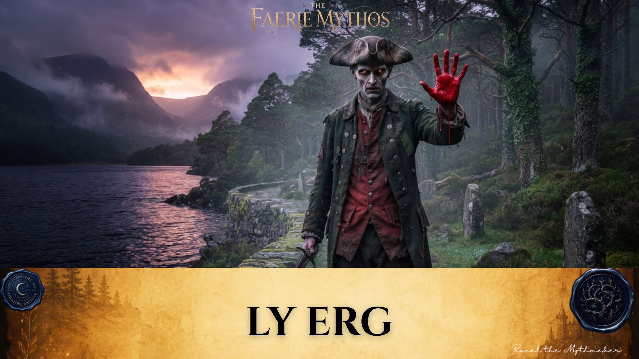 A dark fantasy illustration titled "The Faerie Mythos: Ly Erg." The upper portion displays a parchment-colored banner with the bold, centered text "LY ERG," flanked by two circular, embossed-style seals. Below this, a spectral, undead-looking figure in an 18th-century tricorn hat and tattered coat stands along a stone wall by a misty lake at sunset, holding up a hand stained with fresh blood.