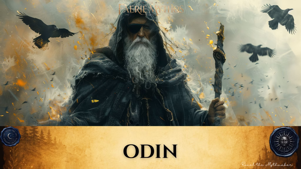 A character card from "The Faerie Mythos" series titled "ODIN" by Ronel the Mythmaker. The image depicts the Norse god Odin as a long-bearded, elderly man wearing a hooded cloak and an eye patch, holding a gnarled staff while surrounded by ravens and swirling atmospheric effects. The bottom section contains a parchment-textured bar with wax seals from "From The Folklore Archive" on the sides, and the text is displayed in black.