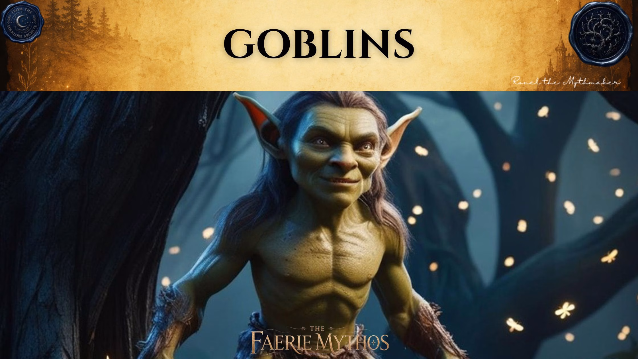 A dark fantasy illustration titled "The Faerie Mythos: Goblins." The upper portion displays a parchment-colored banner with the bold, centered text "GOBLINS," flanked by two circular, embossed-style seals. Below this, a green-skinned, agile-looking goblin with large, pointed ears and a mischievous expression stands in a forest setting at twilight, surrounded by floating, glowing embers or fireflies.