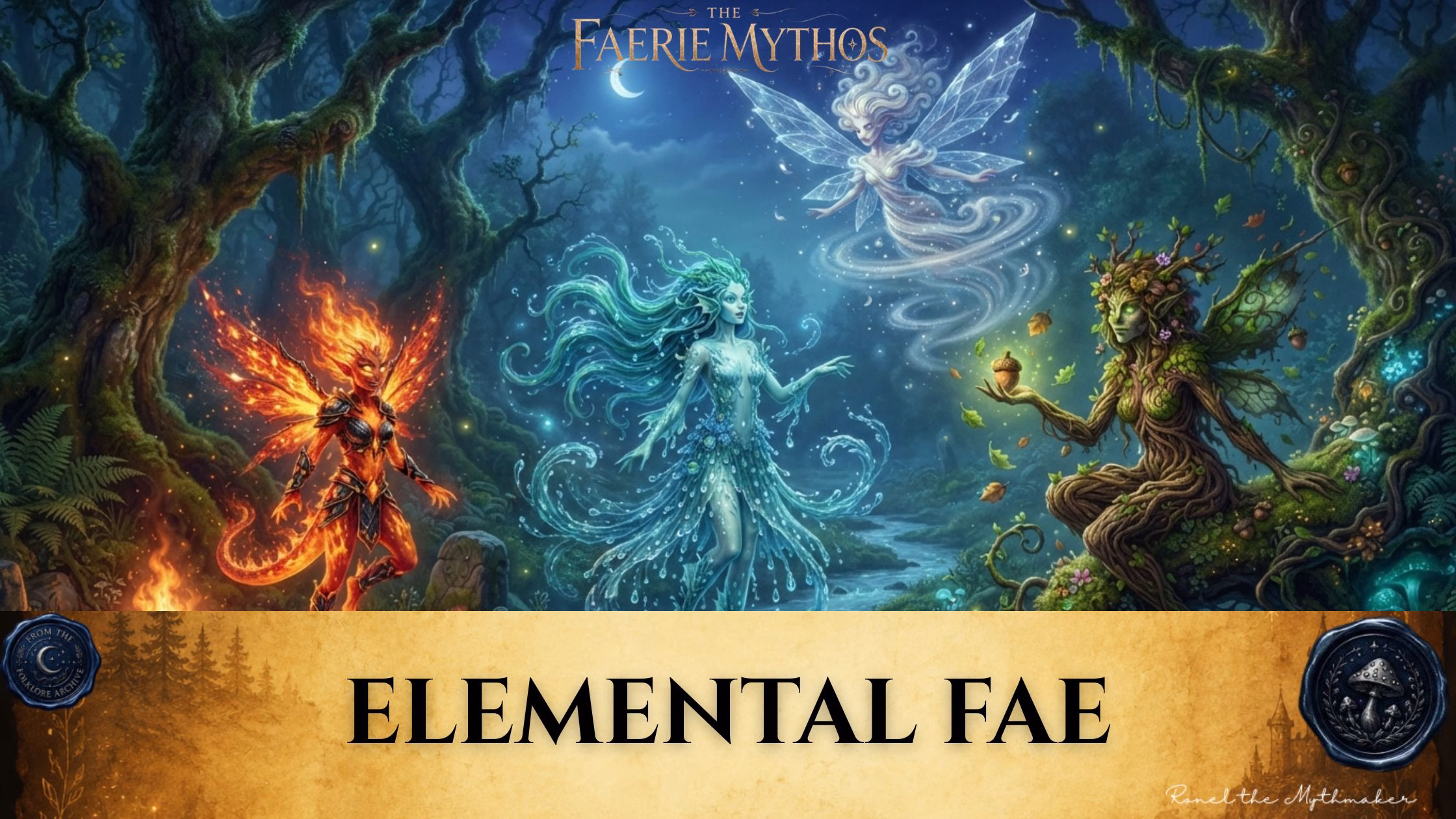 "A digital illustration of four elemental faeries in a magical, moonlit forest setting: a fiery faerie glowing with flames on the left, a water faerie composed of flowing blue waves in the center, an earth faerie made of wood and vines holding a glowing acorn on the right, and an ethereal air faerie with gossamer wings swirling in the night sky above. Above the scene, the text 'The Faerie Mythos' is displayed. Below, a parchment-colored banner features the title 'ELEMENTAL FAE' in black text, flanked by circular wax-seal-style logos for 'From the Folklore Archive' and 'Ronel the Mythmaker'."