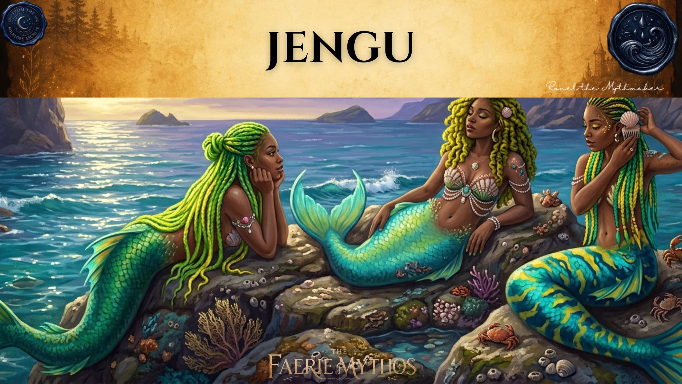 A digital illustration for "The Faerie Mythos" titled "JENGU." The image shows three Jengu—water spirits appearing as women with vibrant green braided hair and shimmering tails—resting on rocky coastal shores near the sea. The composition adheres to the "Ronel the Mythmaker" and "The Folklore Archive" branding style, featuring an antique, gold-toned header with mist and faded accents.