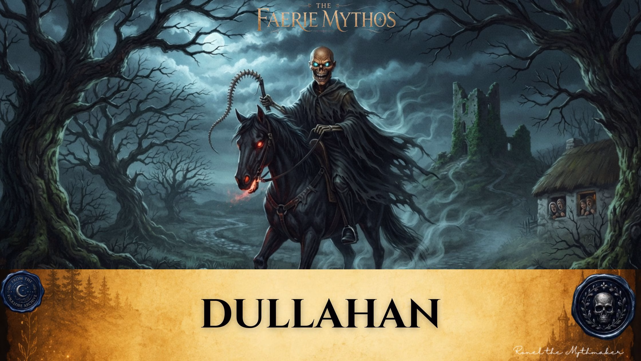 "A digital illustration titled 'The Faerie Mythos: Dullahan,' featuring a skeletal, cloaked figure riding a black horse with glowing red eyes. The rider holds a whip, set against a dark, misty forest landscape with a ruined building and a small cottage in the background under a night sky. At the bottom is a parchment-colored banner with the text 'DULLAHAN' in black, flanked by two circular decorative seals, and the signature 'Ronel the Mythmaker' in the corner."