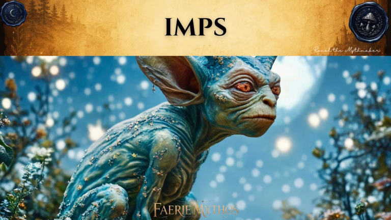 "A digital illustration of a small, imp-like creature with large ears, wrinkled blue-green skin, and glowing orange eyes, set against a backdrop of twinkling lights and a moonlit atmosphere. Above the image, a parchment-colored banner displays the title 'IMPS' in black text, flanked by circular wax-seal-style logos for 'From the Folklore Archive' and 'Ronel the Mythmaker'. Below the creature, the text 'The Faerie Mythos' is displayed."