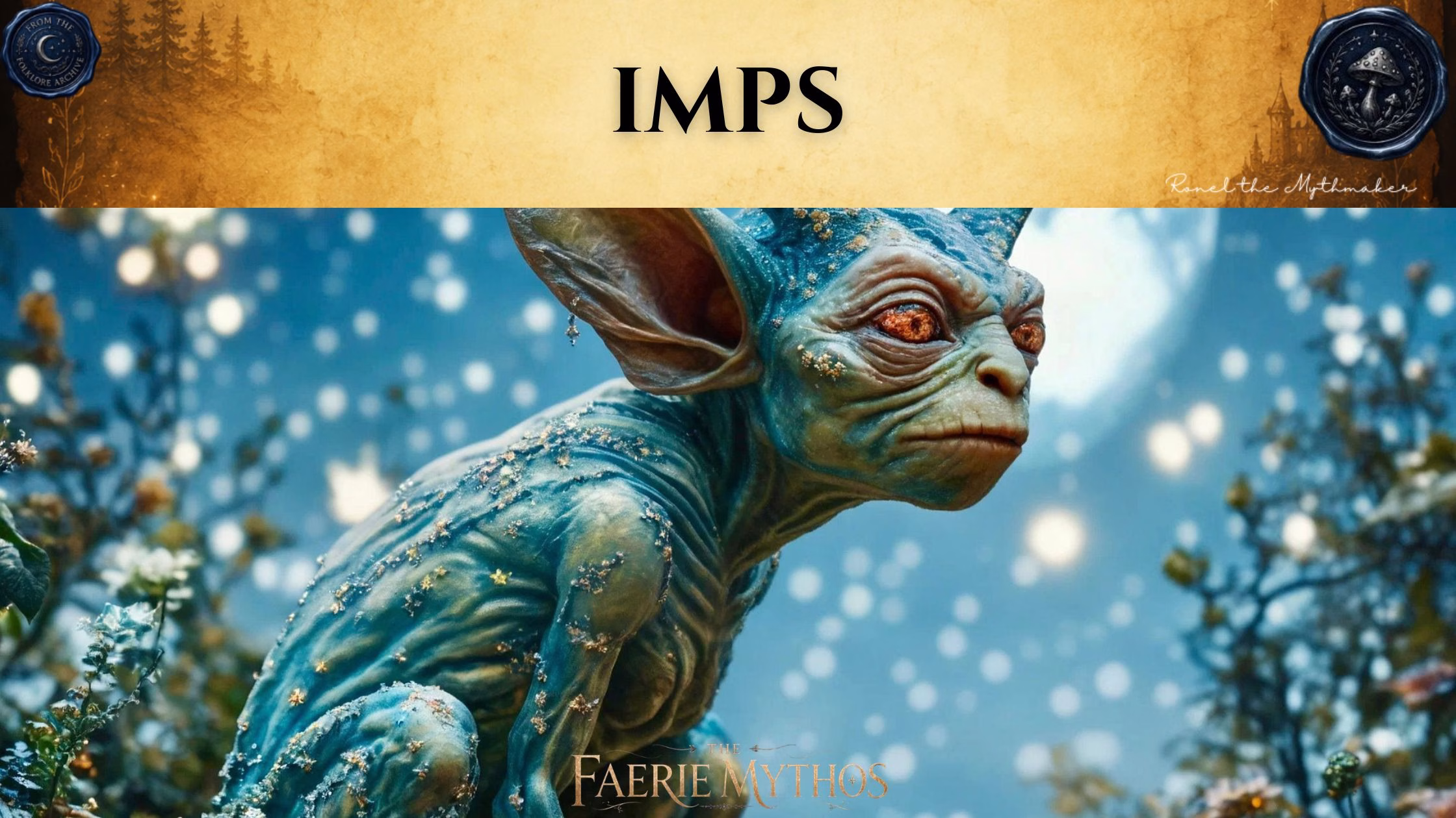 "A digital illustration of a small, imp-like creature with large ears, wrinkled blue-green skin, and glowing orange eyes, set against a backdrop of twinkling lights and a moonlit atmosphere. Above the image, a parchment-colored banner displays the title 'IMPS' in black text, flanked by circular wax-seal-style logos for 'From the Folklore Archive' and 'Ronel the Mythmaker'. Below the creature, the text 'The Faerie Mythos' is displayed."