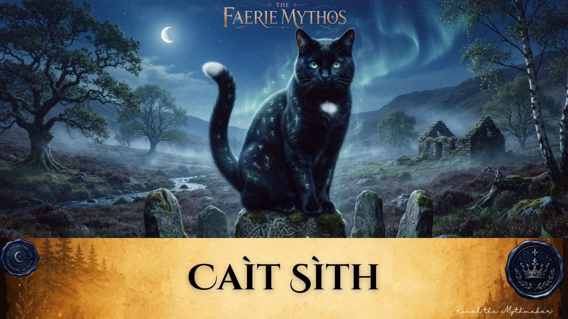 An atmospheric, gothic-style blog banner featuring a central image of the Caìt Sìth, a black cat with a distinctive white chest patch, sitting regally atop an ancient stone marked with Celtic-style carvings. The cat is surrounded by a faint, magical green glow with subtle runes, set against a moonlit highland landscape with a ruined stone building, trees, and the aurora borealis in the night sky. Below the image, the name "CAÌT SÌTH" is displayed in a black serif font on a textured, parchment-colored background, accompanied by the text "THE FAERIE MYTHOS" at the top center, a signature by "Ronel the Mythmaker" in the bottom right, and two circular emblems featuring a crescent moon and a crown in the lower corners.