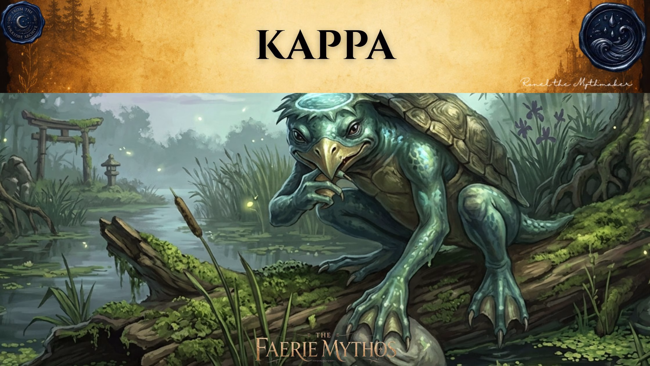 A digital illustration for "The Faerie Mythos" titled "KAPPA." The image features a green, turtle-like creature with a water-filled depression on its head, crouched on a mossy log in a murky marshland near a distant stone torii gate. The composition adheres to the "Ronel the Mythmaker" and "The Folklore Archive" branding style, featuring an antique, gold-toned header with mist and faded accents.