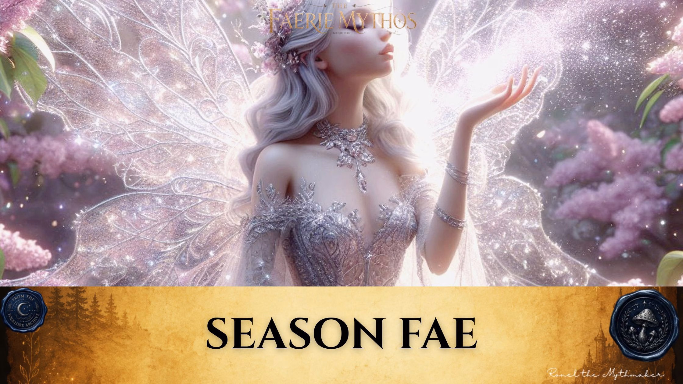 "A digital illustration of a radiant, ethereal faerie with long, silvery hair and ornate, shimmering wings, standing amidst purple blossoms and surrounded by sparkling light. Above the scene, the text 'The Faerie Mythos' is displayed. Below, a parchment-colored banner features the title 'SEASON FAE' in black text, flanked by circular wax-seal-style logos for 'From the Folklore Archive' and 'Ronel the Mythmaker'."