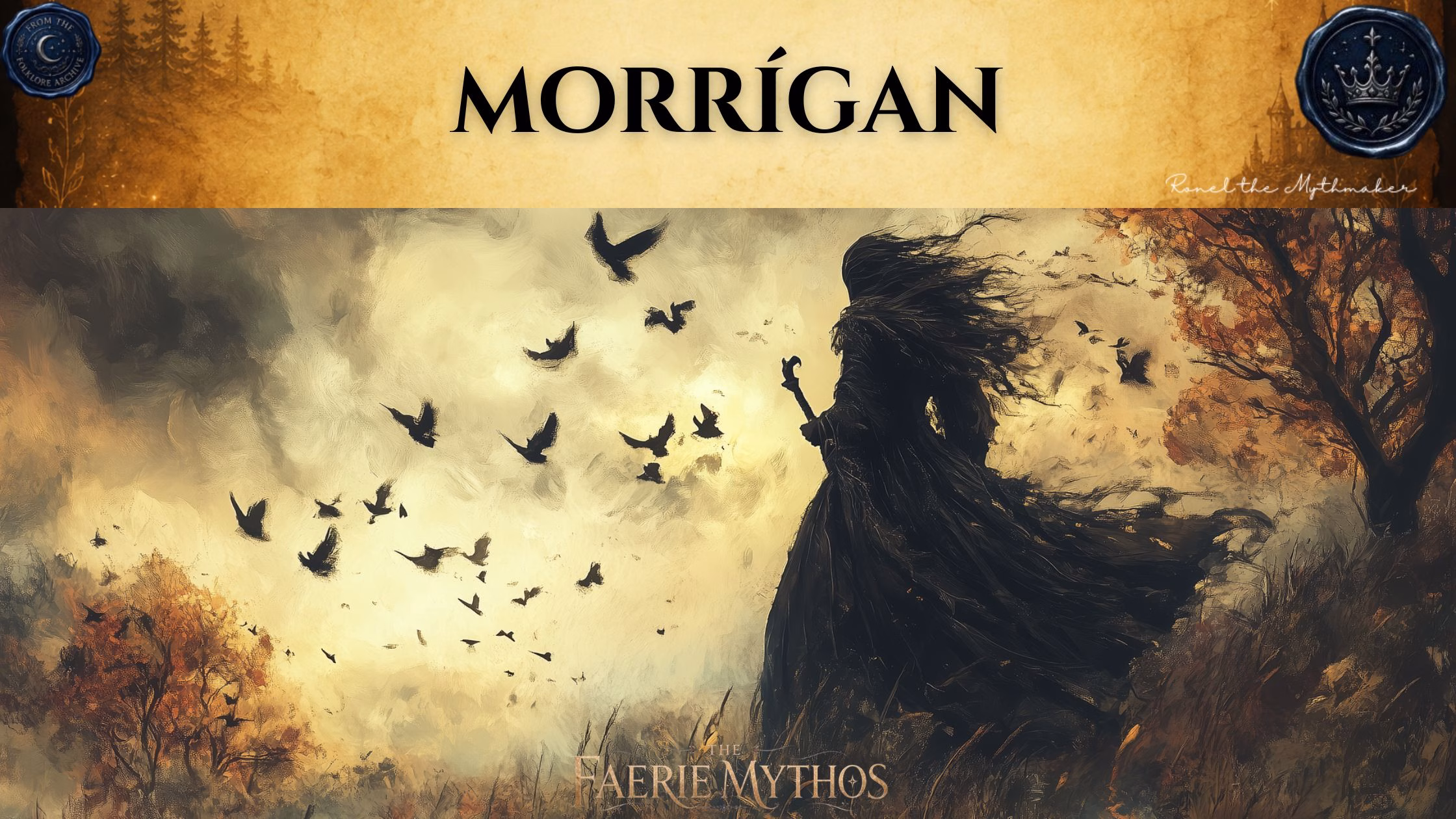 An atmospheric, gothic-style blog banner featuring a central image of the Morrígan as a dark, cloaked silhouette standing on a hillside in the wind, holding a staff. She is surrounded by a swirling flock of crows against a muted, cloudy sky, with hints of autumn-toned trees on the horizon. At the top, the name "MORRÍGAN" is displayed in a black serif font on a textured, parchment-colored background. At the bottom center, the text "THE FAERIE MYTHOS" appears in gold, in the bottom right is a signature that reads "Ronel the Mythmaker," and two circular emblems with a crescent moon and a crown design are placed in the upper corners.
