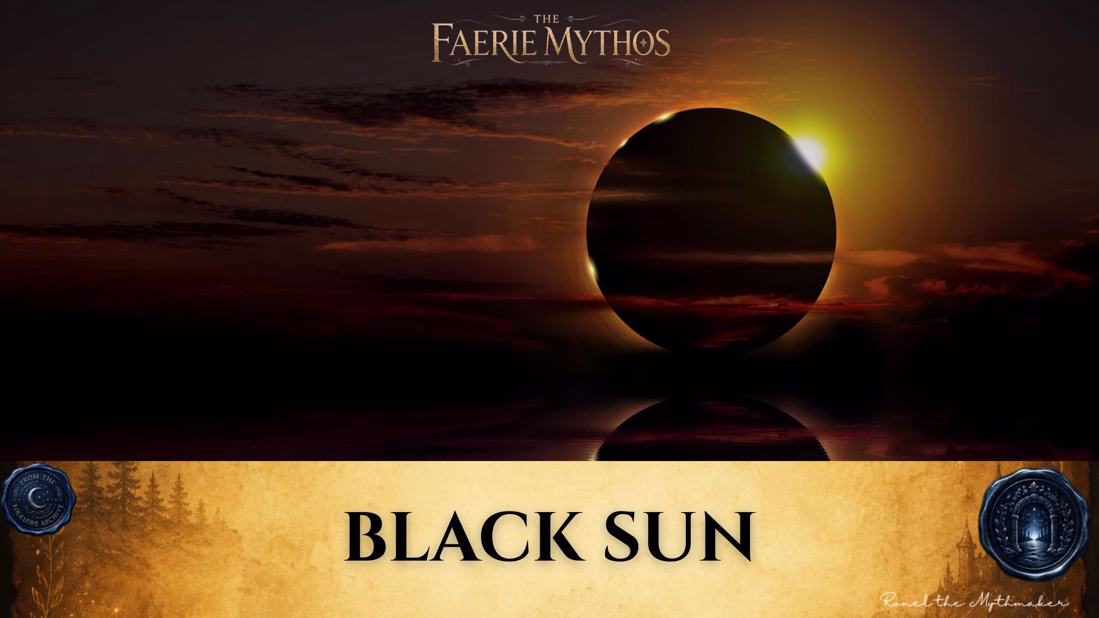 A banner titled "BLACK SUN" in elegant, dark-styled typography set against an antique, gold-textured background. The image depicts a dramatic solar eclipse, where a dark orb silhouetted against a brilliant rim of light hangs above a reflective, dark horizon at sunset, fitting the "dark folkloric" aesthetic. The top center displays "THE FAERIE MYTHOS" logo, and the signature "Ronel the Mythmaker" appears in the lower right. Circular wax-seal-style "Folklore Archive" icons are positioned in the bottom corners.