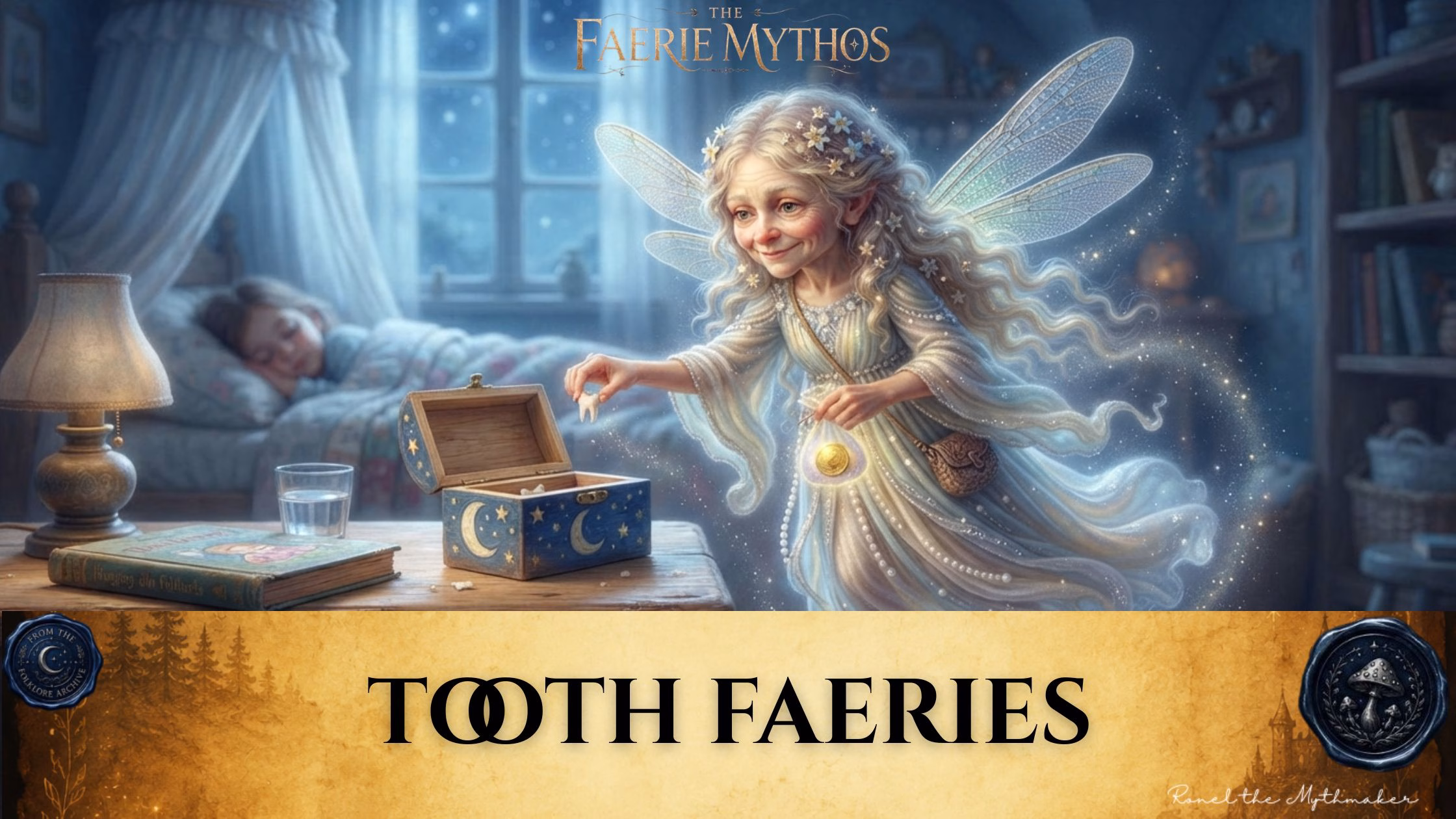"A digital illustration of an elderly, kind-faced Tooth Faerie with gossamer wings, placing a tooth into a small blue wooden box decorated with moons and stars. In the background, a child sleeps peacefully in a cozy bedroom. Above the scene, the text 'The Faerie Mythos' is displayed. Below, a parchment-colored banner features the title 'TOOTH FAERIES' in black text, flanked by circular wax-seal-style logos for 'From the Folklore Archive' and 'Ronel the Mythmaker'."