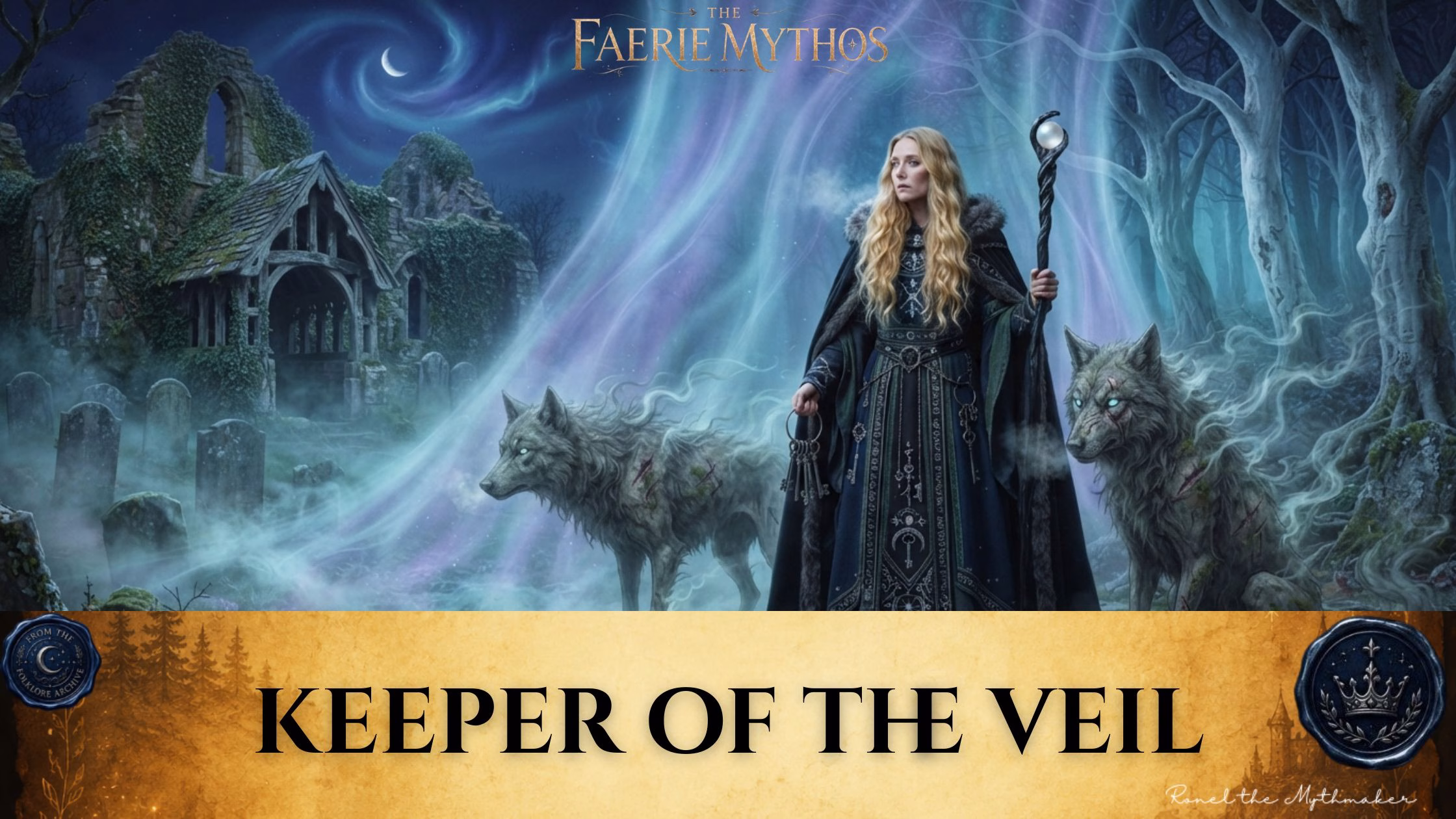 An atmospheric, gothic-style blog banner featuring a central image of a fair-haired woman, the "Keeper of the Veil," standing in a misty, enchanted graveyard with ruined stone structures in the background. She wears a dark, embroidered cloak and robe, holds a staff topped with a glowing orb, and carries a set of keys. She is flanked by two spectral wolves with glowing eyes and visible battle scars, all set against a backdrop of swirling, ethereal blue and purple energy under a crescent moon. Below the image, the name "KEEPER OF THE VEIL" is displayed in a black serif font on a textured, parchment-colored background, accompanied by the text "THE FAERIE MYTHOS" at the top center, a signature by "Ronel the Mythmaker" in the bottom right, and two circular emblems featuring a crescent moon and a crown in the lower corners.