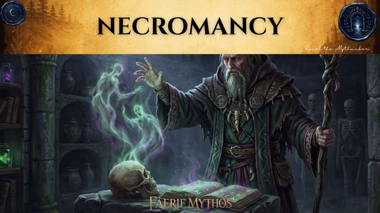 A banner titled "NECROMANCY" in elegant, dark-styled typography set against an antique, gold-textured background. The image depicts a bearded, robed necromancer standing in a dimly lit, stone chamber, conjuring spectral spirits from a human skull while consulting an open, glowing magical tome. Skeletons stand in the background, reinforcing the "dark folkloric" aesthetic. The bottom center features the logo "THE FAERIE MYTHOS," with the signature "Ronel the Mythmaker" in the upper right. Circular wax-seal-style "Folklore Archive" icons are positioned in the top corners.