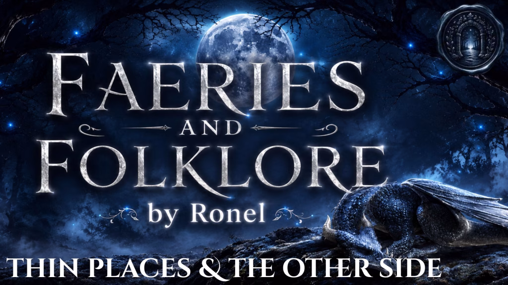A dark fantasy banner titled "FAERIES AND FOLKLORE by Ronel," set against a misty, gnarled forest under a large, glowing full moon. In the bottom left corner, the words "Thin Places & The Other Side" are written in a clean, white serif font. In the top right corner, there is a circular, dark metallic or wax seal stamp featuring an embossed illustration of an archway. A scaly blue dragon rests on a rocky ridge in the foreground, surrounded by faint, glowing blue magical embers.