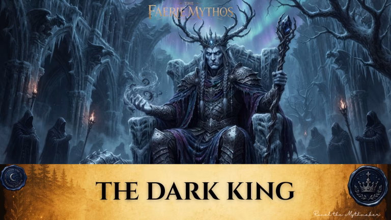 An atmospheric, gothic-style blog banner featuring a central image of the Dark King, a regal, pale-skinned figure with prominent antlers, seated on a throne in a frozen, cavernous landscape. He wears elaborate dark armor, a purple-lined cloak, and a crown, while holding a gnarled staff topped with a blue crystal and conjuring dark energy in his open palm. The surrounding environment is filled with frozen gothic architecture, torches, and hooded figures, all beneath a sky showing the aurora borealis. Below the image, the name "THE DARK KING" is displayed in a black serif font on a textured, parchment-colored background, accompanied by the text "THE FAERIE MYTHOS" at the top center, a signature by "Ronel the Mythmaker" in the bottom right, and two circular emblems featuring a crescent moon and a crown in the lower corners.