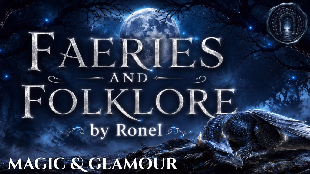 A dark fantasy banner titled "FAERIES AND FOLKLORE by Ronel," set against a misty, gnarled forest under a large, glowing full moon. In the bottom left corner, the words "Magic & Glamour" are written in a clean, white serif font. In the top right corner, there is a circular, dark metallic or wax seal stamp featuring an embossed illustration of an archway. A scaly blue dragon rests on a rocky ridge in the foreground, surrounded by faint, glowing blue magical embers.