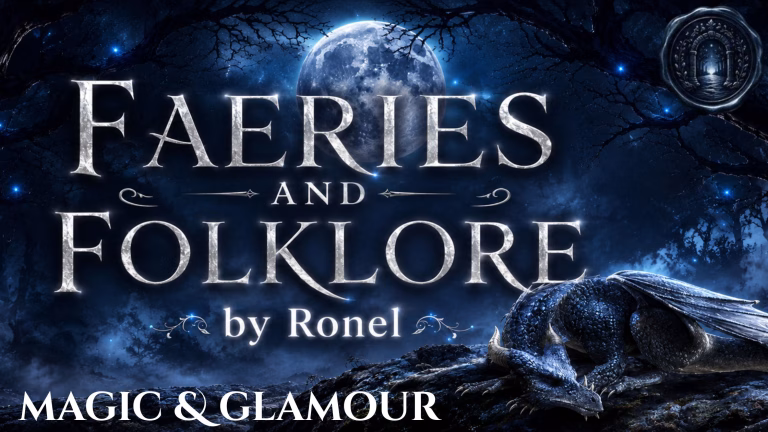 A dark fantasy banner titled "FAERIES AND FOLKLORE by Ronel," set against a misty, gnarled forest under a large, glowing full moon. In the bottom left corner, the words "Magic & Glamour" are written in a clean, white serif font. In the top right corner, there is a circular, dark metallic or wax seal stamp featuring an embossed illustration of an archway. A scaly blue dragon rests on a rocky ridge in the foreground, surrounded by faint, glowing blue magical embers.