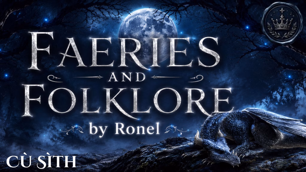 A dark fantasy banner titled "FAERIES AND FOLKLORE by Ronel," set against a misty, gnarled forest under a large, glowing full moon. In the bottom left corner, the words "Cù Sìth" are written in a clean, white serif font. In the top right corner, there is a circular, dark metallic or wax seal stamp featuring an embossed illustration of a crown. A scaly blue dragon rests on a rocky ridge in the foreground, surrounded by faint, glowing blue magical embers.