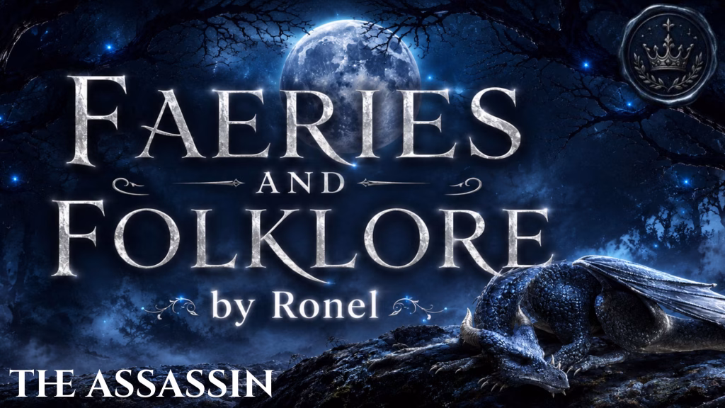 A dark fantasy banner titled "FAERIES AND FOLKLORE by Ronel," set against a misty, gnarled forest under a large, glowing full moon. In the bottom left corner, the words "The Assassin" are written in a clean, white serif font. In the top right corner, there is a circular, dark metallic or wax seal stamp featuring an embossed illustration of a crown. A scaly blue dragon rests on a rocky ridge in the foreground, surrounded by faint, glowing blue magical embers.