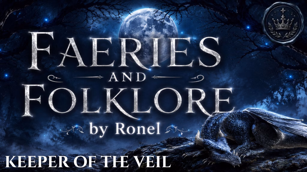 A dark fantasy banner titled "FAERIES AND FOLKLORE by Ronel," set against a misty, gnarled forest under a large, glowing full moon. In the bottom left corner, the words "Keeper of the Veil" are written in a clean, white serif font. In the top right corner, there is a circular, dark metallic or wax seal stamp featuring an embossed illustration of a crown. A scaly blue dragon rests on a rocky ridge in the foreground, surrounded by faint, glowing blue magical embers.