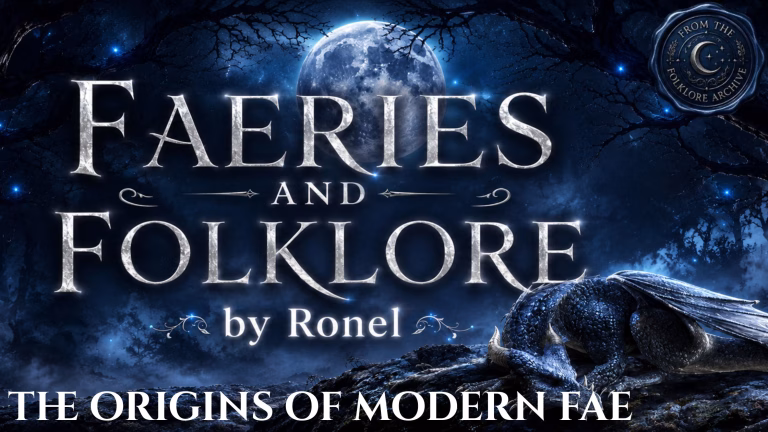 A dark fantasy banner titled "FAERIES AND FOLKLORE by Ronel," set against a misty, gnarled forest under a large, glowing full moon. In the bottom left corner, the words "The Origins of Modern Fae" are written in a clean, white serif font. In the top right corner, there is a circular, dark metallic or wax seal stamp featuring an embossed illustration of a crescent moon and the words “From the Folklore Archive”. A scaly blue dragon rests on a rocky ridge in the foreground, surrounded by faint, glowing blue magical embers.