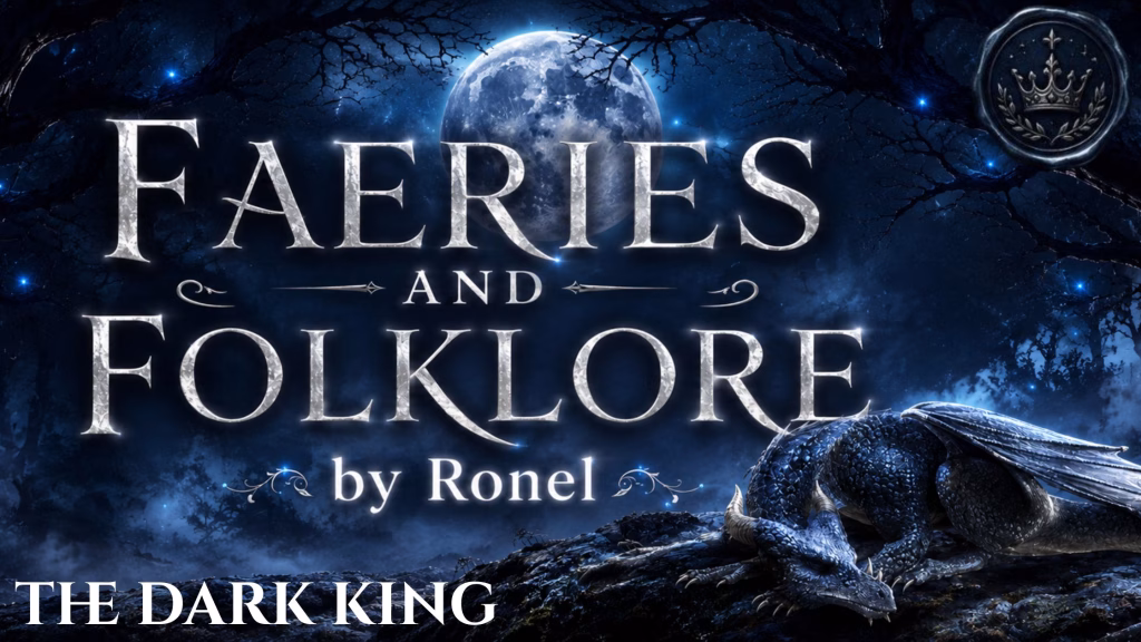 A dark fantasy banner titled "FAERIES AND FOLKLORE by Ronel," set against a misty, gnarled forest under a large, glowing full moon. In the bottom left corner, the words "The Dark King" are written in a clean, white serif font. In the top right corner, there is a circular, dark metallic or wax seal stamp featuring an embossed illustration of a crown. A scaly blue dragon rests on a rocky ridge in the foreground, surrounded by faint, glowing blue magical embers.