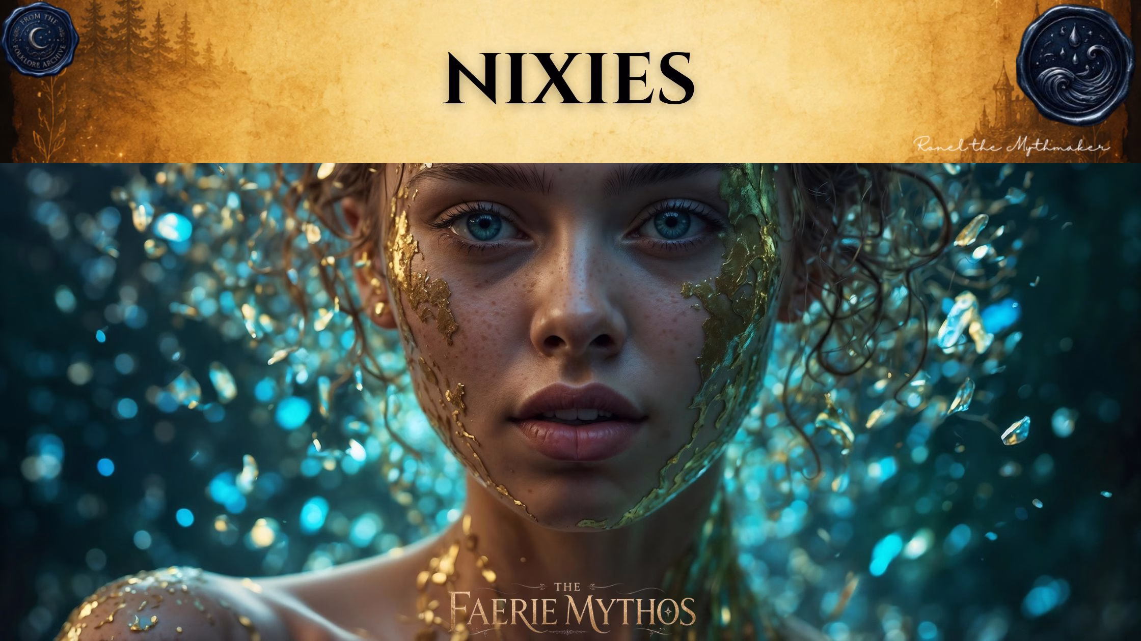 A digital illustration for "The Faerie Mythos" titled "NIXIES." The image features a close-up portrait of a woman with striking blue eyes, her skin adorned with metallic gold patterns, surrounded by a glowing, ethereal background of floating turquoise light particles. The composition adheres to the "Ronel the Mythmaker" and "The Folklore Archive" branding style, featuring an antique, gold-toned header with mist and faded accents.
