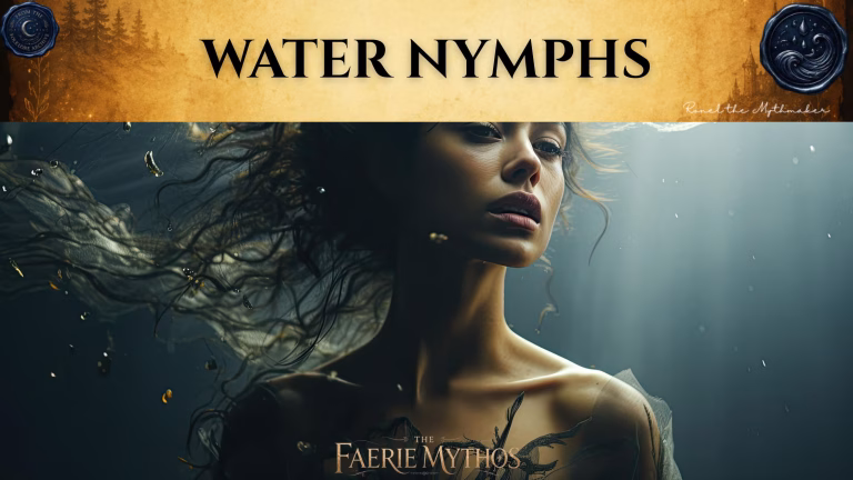 A digital illustration for "The Faerie Mythos" titled "WATER NYMPHS." The image shows a close-up, ethereal portrait of a woman partially submerged in dark water, with her hair floating around her and light filtering through from above. The composition adheres to the "Ronel the Mythmaker" and "The Folklore Archive" branding style, featuring an antique, gold-toned header with mist and faded accents.