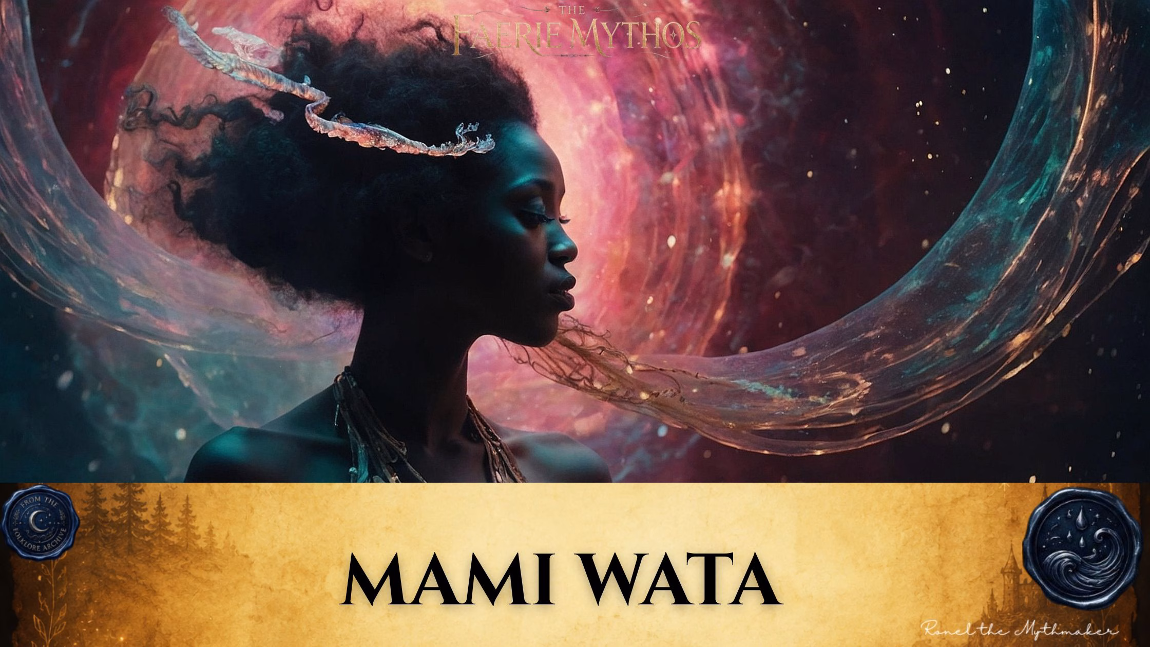 A digital illustration for "The Faerie Mythos" titled "MAMI WATA." The image features a side profile of a woman with dark hair surrounded by ethereal, swirling energy and cosmic patterns in shades of red, blue, and gold. The composition adheres to the "Ronel the Mythmaker" and "The Folklore Archive" branding style, featuring an antique, gold-toned footer with mist and faded accents.