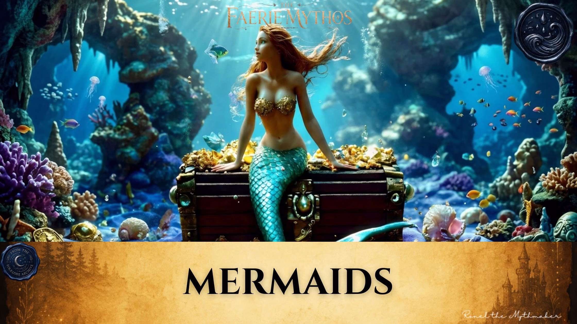 A digital illustration for "The Faerie Mythos" titled "MERMAIDS." The image depicts a mermaid with long, reddish hair and a shimmering teal tail, sitting atop a treasure chest filled with gold, surrounded by a vibrant underwater scene of coral reefs, jellyfish, and small fish. The composition adheres to the "Ronel the Mythmaker" and "The Folklore Archive" branding style, featuring an antique, gold-toned footer with mist and faded accents.