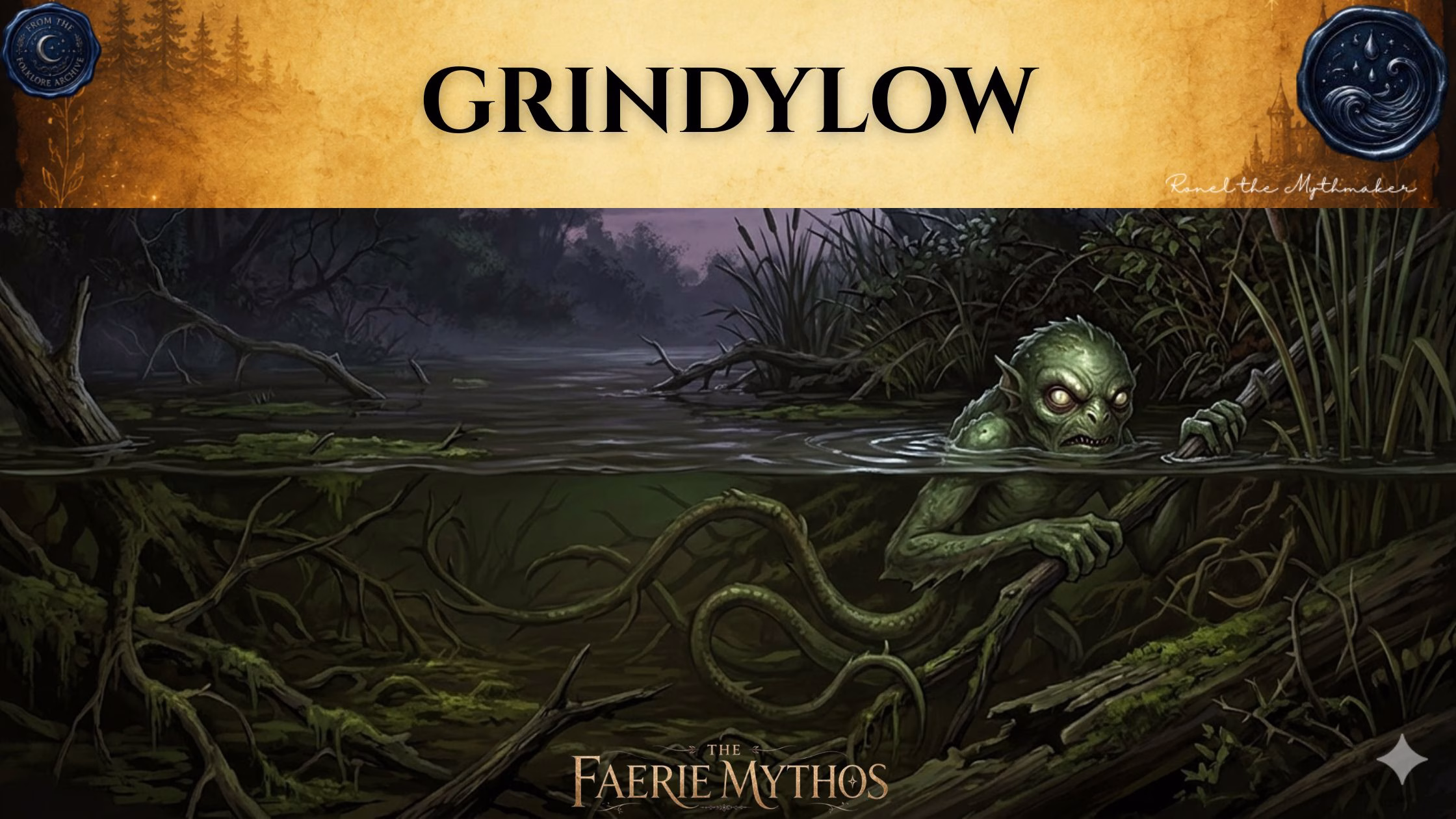 A digital illustration for "The Faerie Mythos" titled "GRINDYLOW." The image depicts a green, sinister creature with long, tentacle-like limbs hiding in murky, dark water, holding onto a submerged branch. The composition adheres to the "Ronel the Mythmaker" and "The Folklore Archive" branding style, featuring an antique, gold-toned header with mist and faded accents.