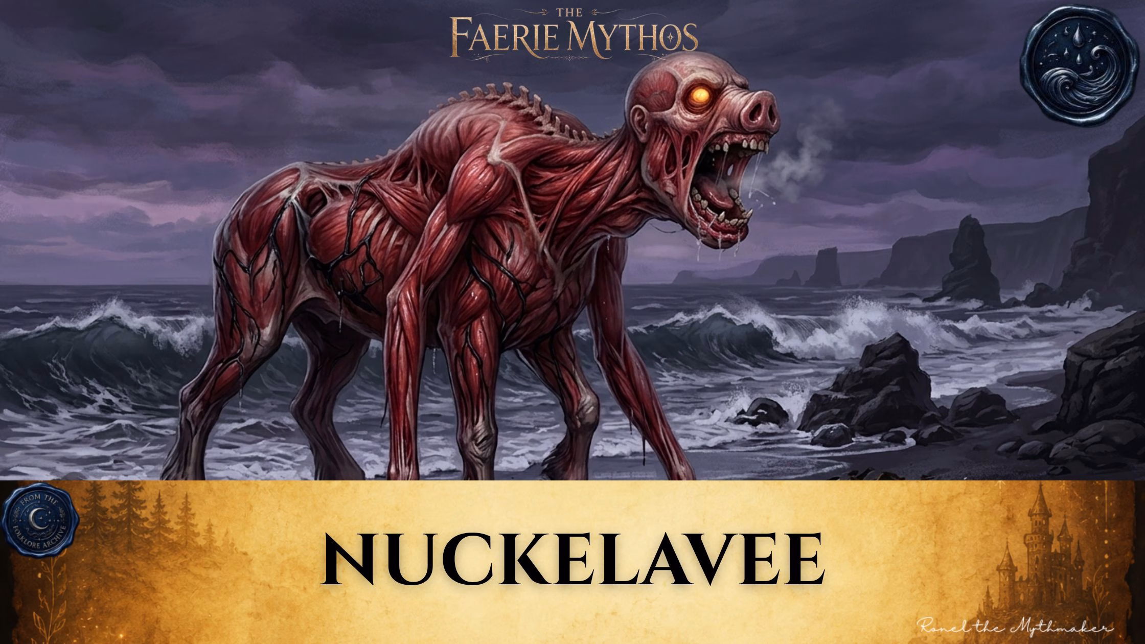 A digital illustration for "The Faerie Mythos" titled "NUCKELAVEE." The image shows a grotesque, skinless, horse-like creature with a human-like head emerging from its back, roaring with glowing eyes on a dark, stormy beach. The composition adheres to the "Ronel the Mythmaker" and "The Folklore Archive" branding style, featuring an antique, gold-toned footer with mist and faded accents.