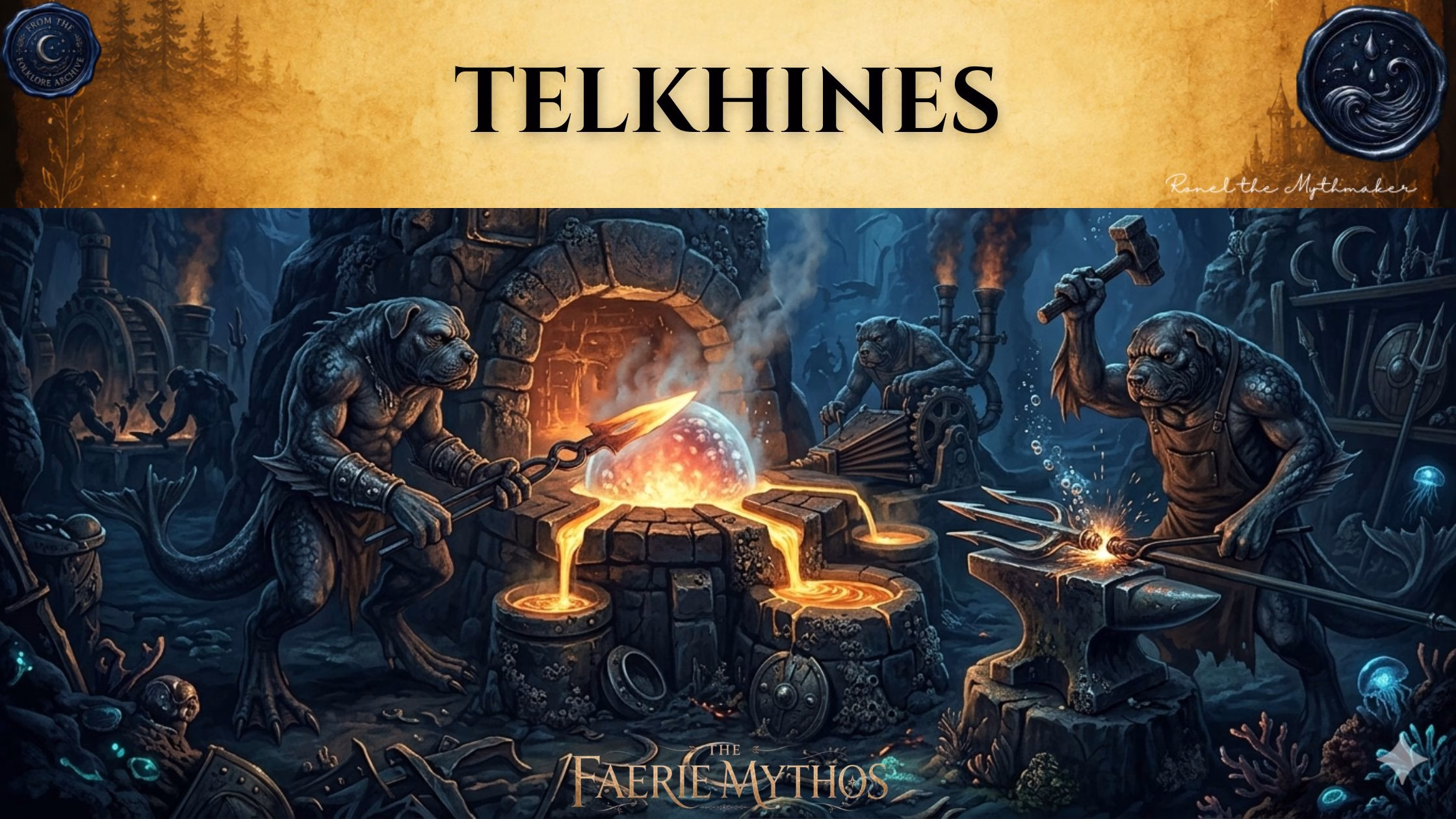 A digital illustration for "The Faerie Mythos" titled "TELKHINES." The image shows dog-headed, aquatic creatures working in a dark, underwater forge, hammering metal and tending to a glowing furnace. The composition adheres to the "Ronel the Mythmaker" and "The Folklore Archive" branding style, featuring an antique, gold-toned header with mist and faded accents.