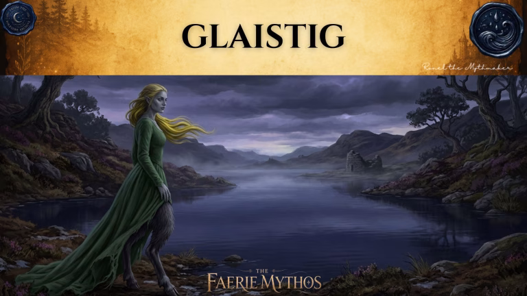 A digital illustration for "The Faerie Mythos" titled "GLAISTIG." The image features a woman with long blonde hair and elven ears, wearing a flowing green dress that reveals goat-like legs as she stands by a misty, desolate loch with distant ruins. The composition adheres to the "Ronel the Mythmaker" and "The Folklore Archive" branding style, characterized by an antique, gold-toned header featuring mist and faded accents.