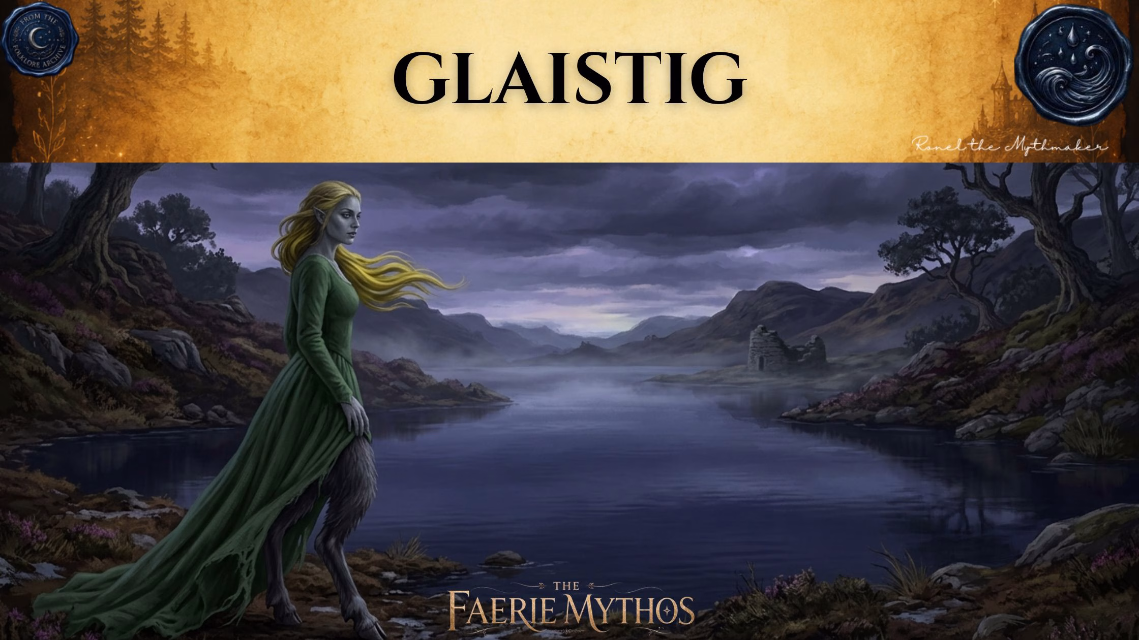 A digital illustration for "The Faerie Mythos" titled "GLAISTIG." The image features a woman with long blonde hair and elven ears, wearing a flowing green dress that reveals goat-like legs as she stands by a misty, desolate loch with distant ruins. The composition adheres to the "Ronel the Mythmaker" and "The Folklore Archive" branding style, characterized by an antique, gold-toned header featuring mist and faded accents.