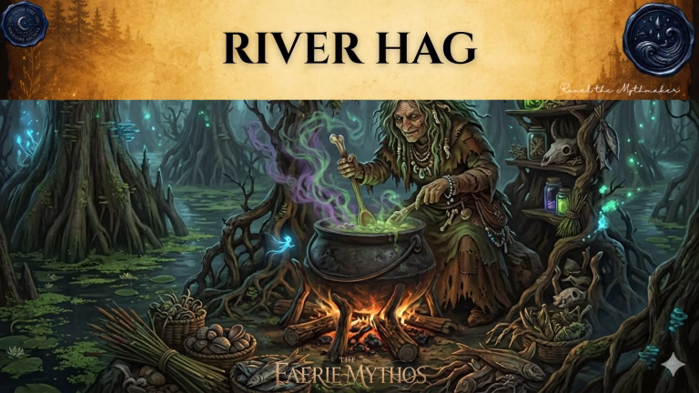 A digital illustration for "The Faerie Mythos" titled "RIVER HAG." The image depicts an old, green-skinned hag stirring a bubbling, magical cauldron over a campfire in a swampy, dark forest filled with bioluminescent flora. The composition adheres to the "Ronel the Mythmaker" and "The Folklore Archive" branding style, featuring an antique, gold-toned header with mist and faded accents.