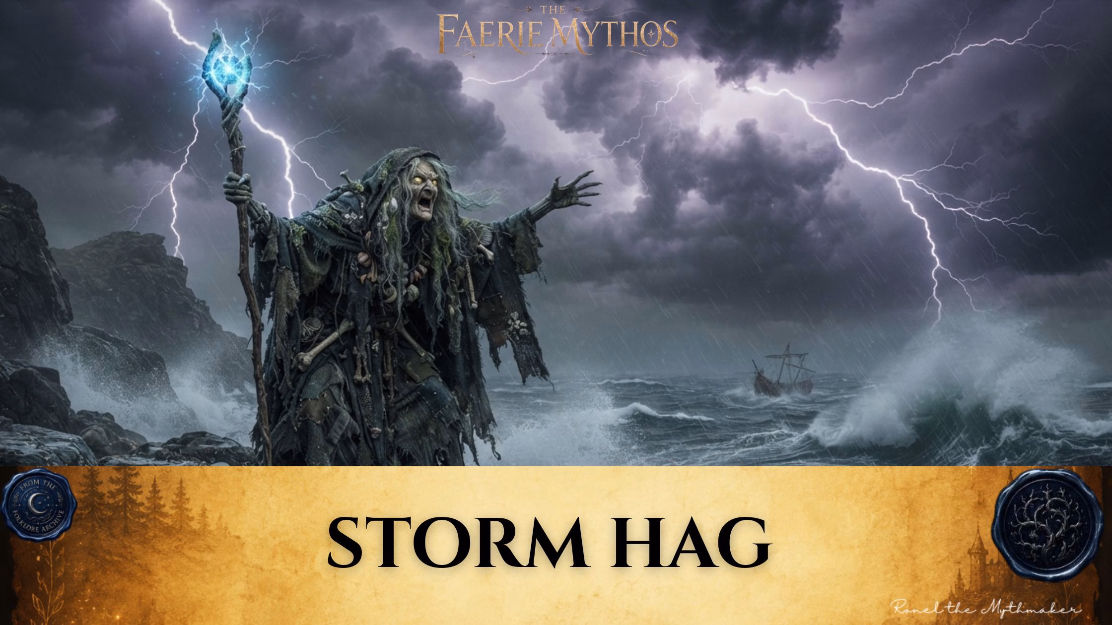 A dark fantasy illustration titled "The Faerie Mythos: Storm Hag." The upper portion displays a parchment-colored banner with the bold, centered text "STORM HAG," flanked by two circular, embossed-style seals. Below this, a wild-haired, skeletal hag dressed in tattered rags stands on a rocky coastline, holding a staff topped with a glowing blue orb, while casting a spell toward a stormy, lightning-filled sea where a small ship struggles against the waves.