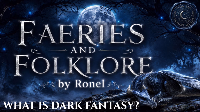 A dark fantasy banner titled "FAERIES AND FOLKLORE by Ronel," set against a misty, gnarled forest under a large, glowing full moon. In the bottom left corner, the words "What is Dark Fantasy?" are written in a clean, white serif font. In the top right corner, there is a circular, dark metallic or wax seal stamp featuring an embossed illustration of a crescent moon and the words “From the Folklore Archive”. A scaly blue dragon rests on a rocky ridge in the foreground, surrounded by faint, glowing blue magical embers.