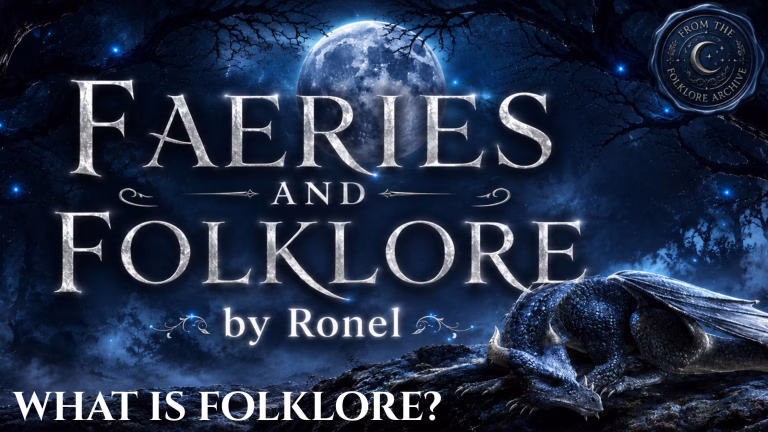 A dark fantasy banner titled "FAERIES AND FOLKLORE by Ronel," set against a misty, gnarled forest under a large, glowing full moon. In the bottom left corner, the words "What is Folklore?" are written in a clean, white serif font. In the top right corner, there is a circular, dark metallic or wax seal stamp featuring an embossed illustration of a crescent moon and the words “From the Folklore Archive”. A scaly blue dragon rests on a rocky ridge in the foreground, surrounded by faint, glowing blue magical embers.